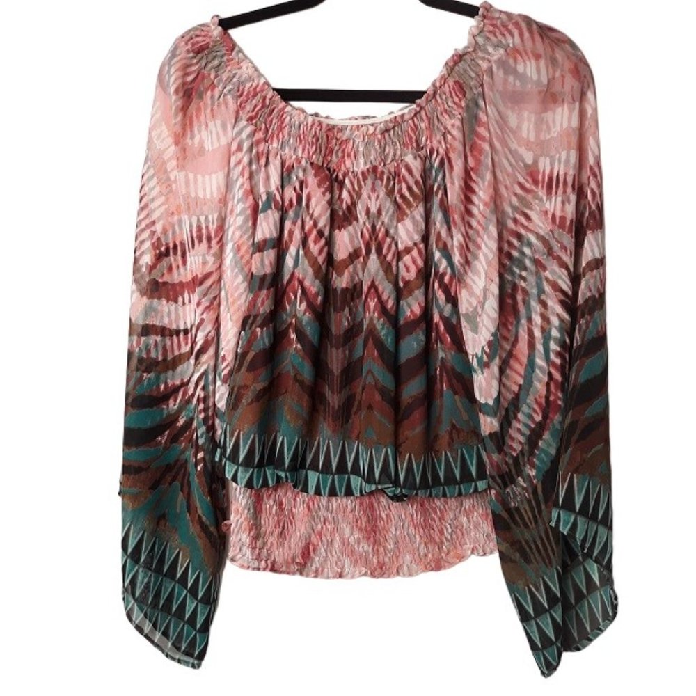 XOXO Blouse Women's Medium EUC Off Shoulder Top Abstract Print  Hippie Shirt